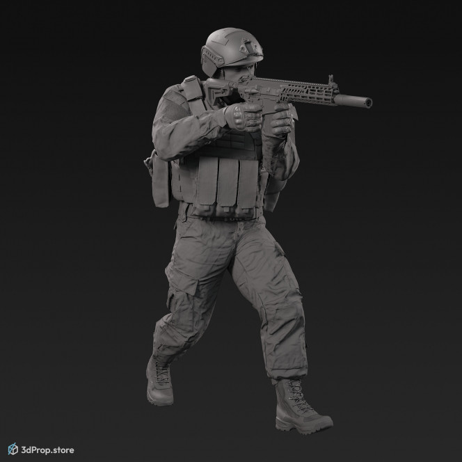 3D model of a walking soldier, aiming with his weapon in front of him, while wearing a cap, military trousers, boots and jacket with four camouflage pattern variations, from 2020, USA.