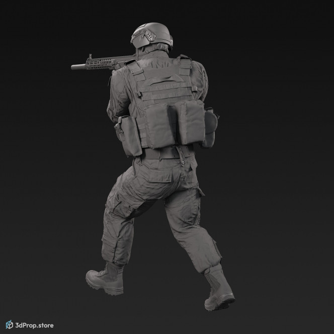 3D model of a walking soldier, aiming with his weapon in front of him, while wearing a cap, military trousers, boots and jacket with four camouflage pattern variations, from 2020, USA.