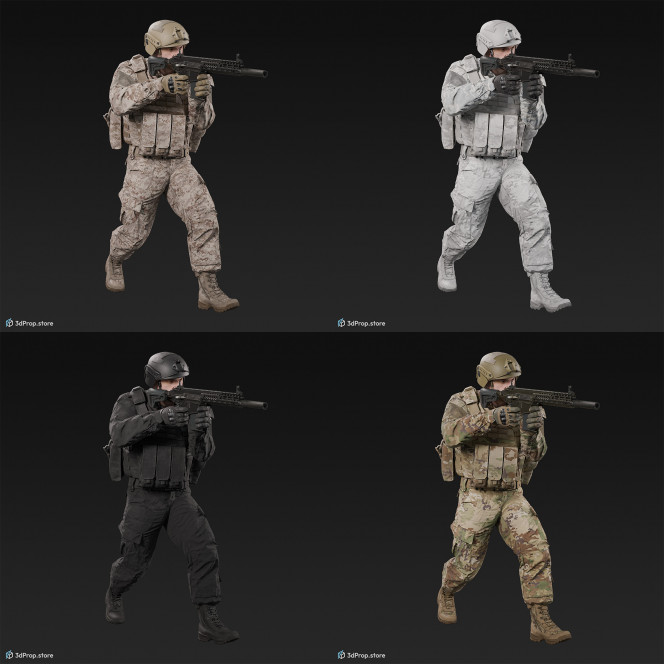 3D model of a walking soldier, aiming with his weapon in front of him, while wearing a cap, military trousers, boots and jacket with four camouflage pattern variations, from 2020, USA.