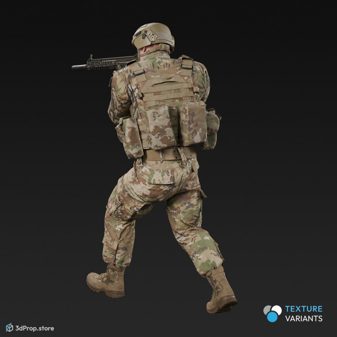 3D model of a walking soldier, aiming with his weapon in front of him, while wearing a cap, military trousers, boots and jacket with four camouflage pattern variations, from 2020, USA.