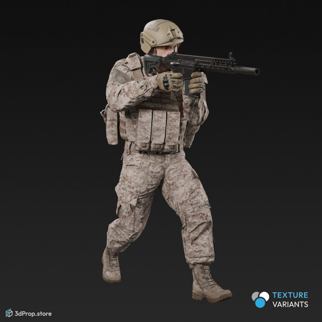 3D model of a walking soldier, aiming with his weapon in front of him, while wearing a cap, military trousers, boots and jacket with four camouflage pattern variations, from 2020, USA.