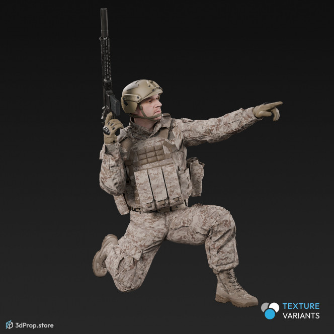 3D model of a kneeling soldier, holding his weapon in one hand in a resting position and pointing into the distance with the other, from 2020, USA.