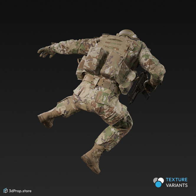 3D model of a military soldier in a jumping pose, while wearing military uniform with four camouflage pattern variations and holding a weapon in his one hand, from 2020, USA.