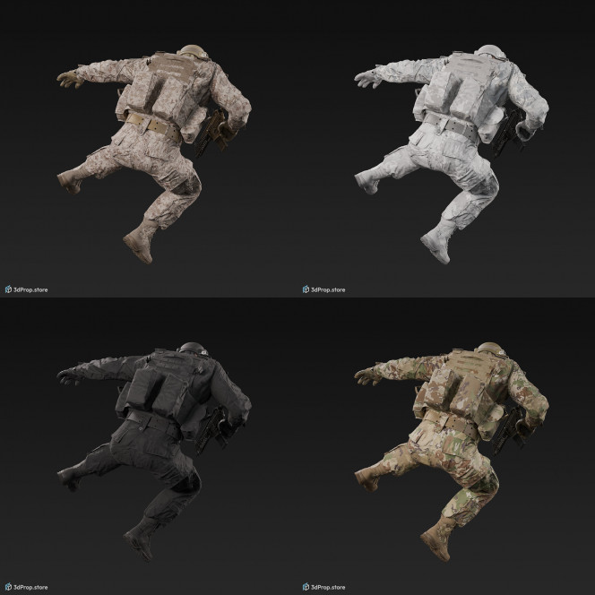 3D model of a military soldier in a jumping pose, while wearing military uniform with four camouflage pattern variations and holding a weapon in his one hand, from 2020, USA.