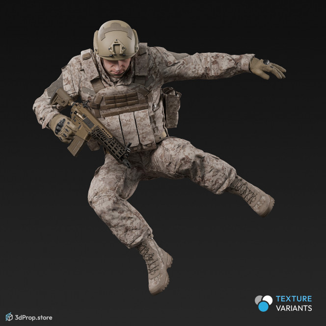 3D model of a military soldier in a jumping pose, while wearing military uniform with four camouflage pattern variations and holding a weapon in his one hand, from 2020, USA.