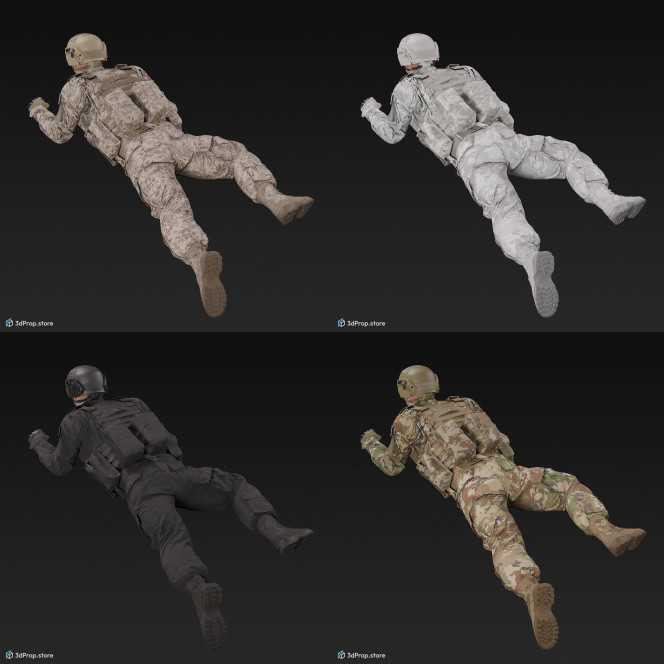 3D model of a high crawling soldier on the ground, while wearing military uniform with four camouflage pattern variations, from 2020, USA.