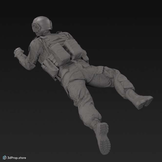 3D model of a high crawling soldier on the ground, while wearing military uniform with four camouflage pattern variations, from 2020, USA.