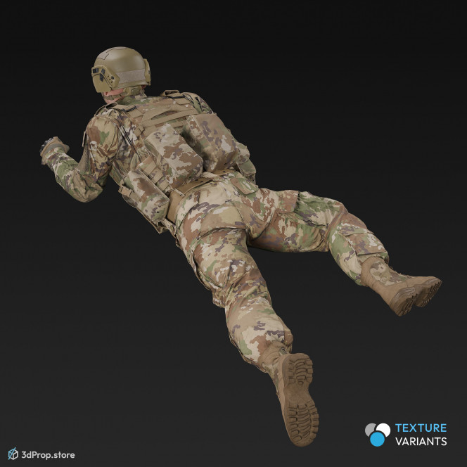 3D model of a high crawling soldier on the ground, while wearing military uniform with four camouflage pattern variations, from 2020, USA.