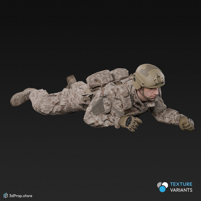 3D model of a high crawling soldier on the ground, while wearing military uniform with four camouflage pattern variations, from 2020, USA.