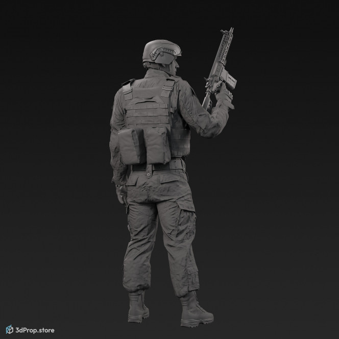 3D model of a soldier character, wearing modern military uniform, standing and holding his weapon in one hand.