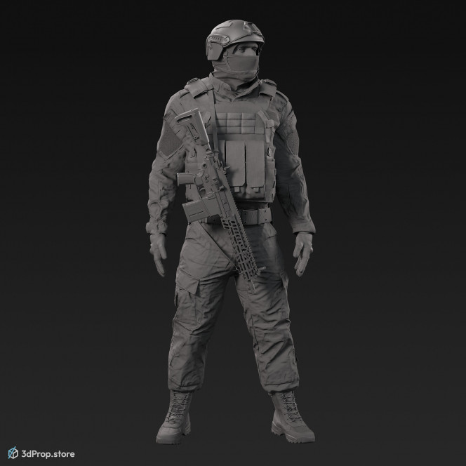 3D model of a standing soldier equipped with a gun.