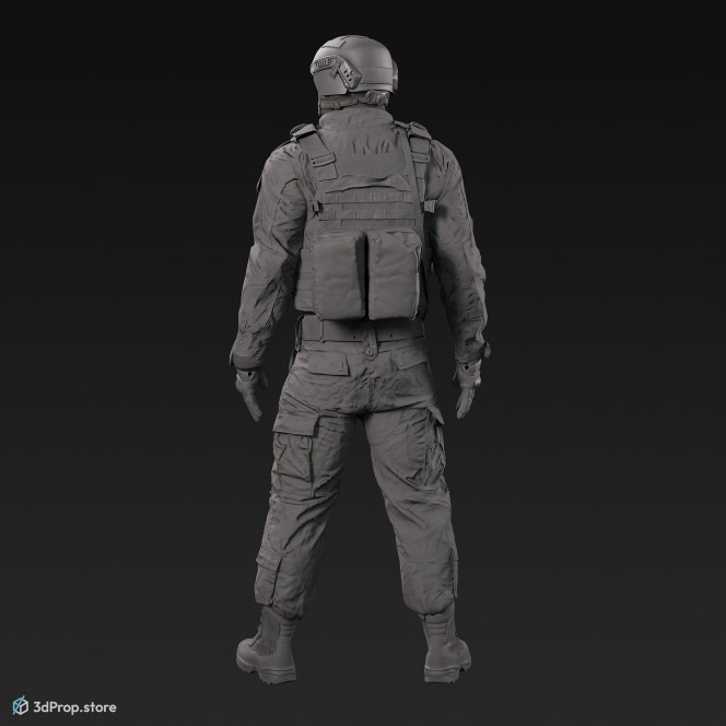 3D model of a standing soldier equipped with a gun.