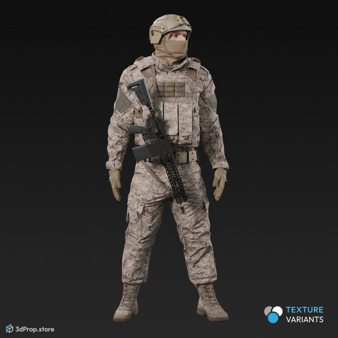 3D model of a standing soldier equipped with a gun.