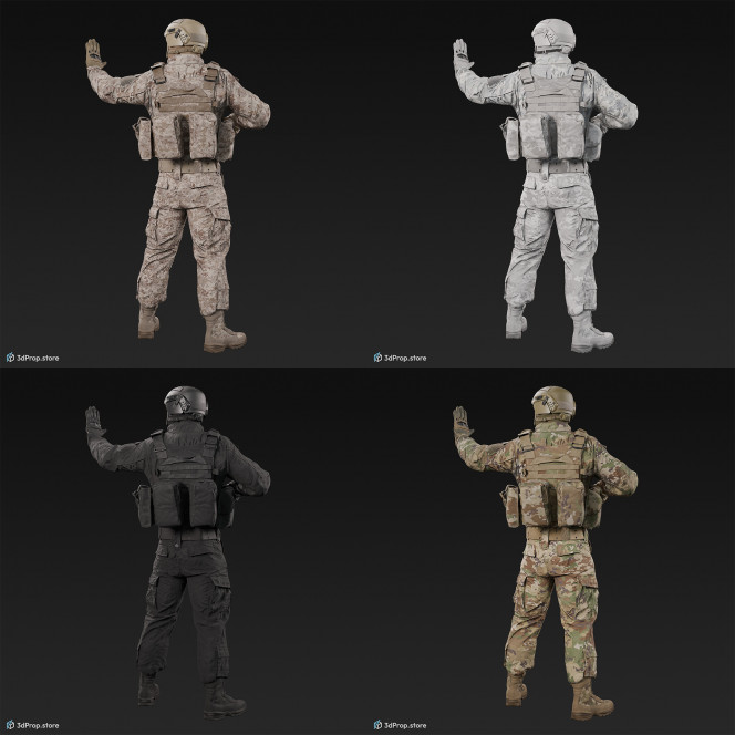 3D model of a standing soldier holding a weapon in one hand, at rest, while his other hand is held up to stop the approaching ones, from 2020, USA.