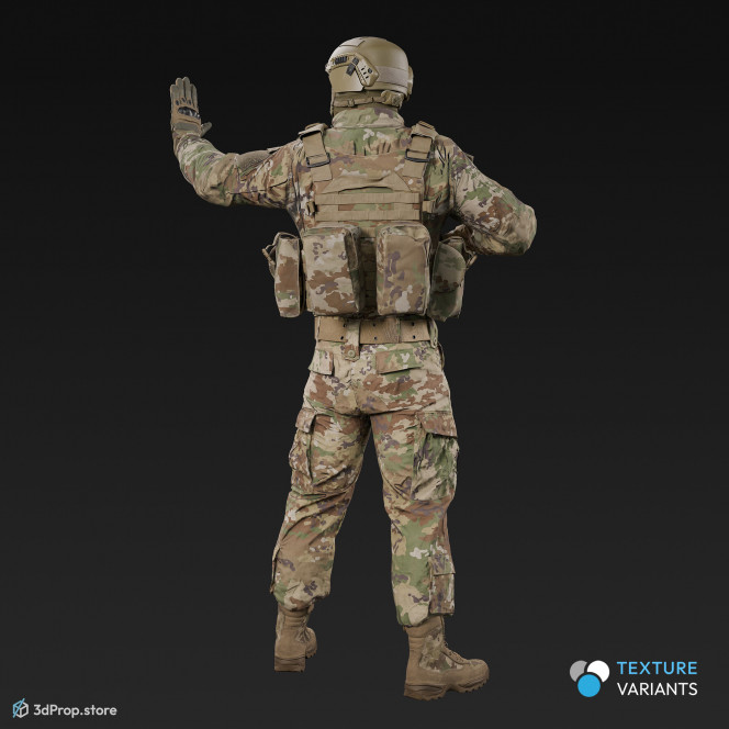 3D model of a standing soldier holding a weapon in one hand, at rest, while his other hand is held up to stop the approaching ones, from 2020, USA.