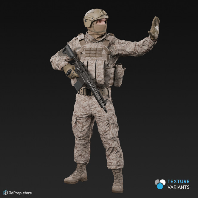 3D model of a standing soldier holding a weapon in one hand, at rest, while his other hand is held up to stop the approaching ones, from 2020, USA.