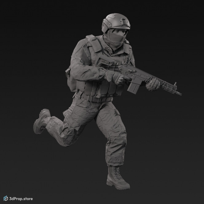 3D model of a running soldier, holding a weapon both of his hands, while wearing military uniform with four camouflage pattern variations, from 2020, USA.