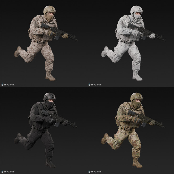 3D model of a running soldier, holding a weapon both of his hands, while wearing military uniform with four camouflage pattern variations, from 2020, USA.