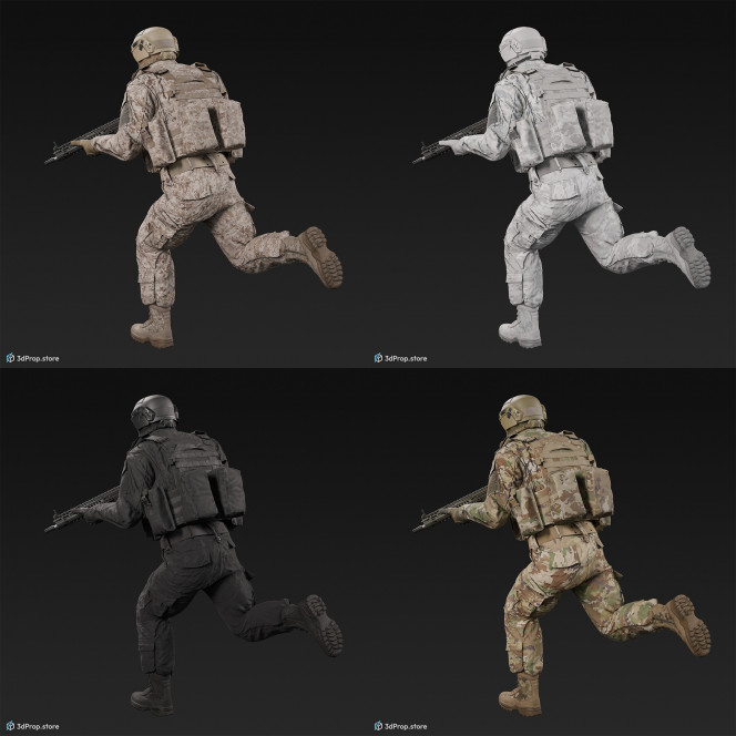 3D model of a running soldier, holding a weapon both of his hands, while wearing military uniform with four camouflage pattern variations, from 2020, USA.