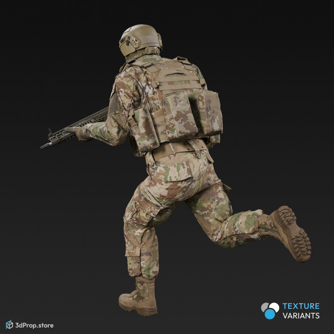 3D model of a running soldier, holding a weapon both of his hands, while wearing military uniform with four camouflage pattern variations, from 2020, USA.