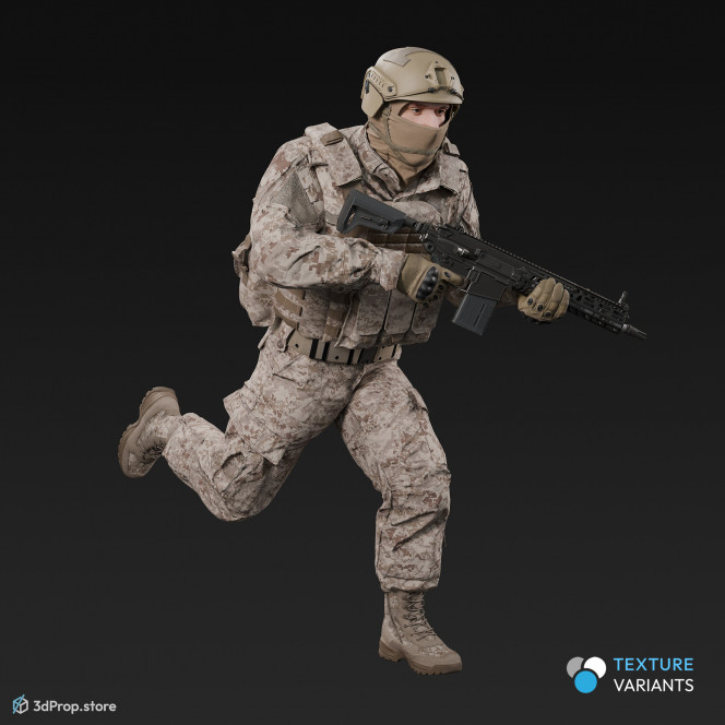 3D model of a running soldier, holding a weapon both of his hands, while wearing military uniform with four camouflage pattern variations, from 2020, USA.