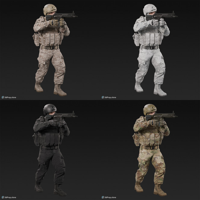 3D model of a standing soldier in an aiming pose, pointing his weapon in front of him, while wearing military uniform with four camouflage pattern variations, from 2020, USA.