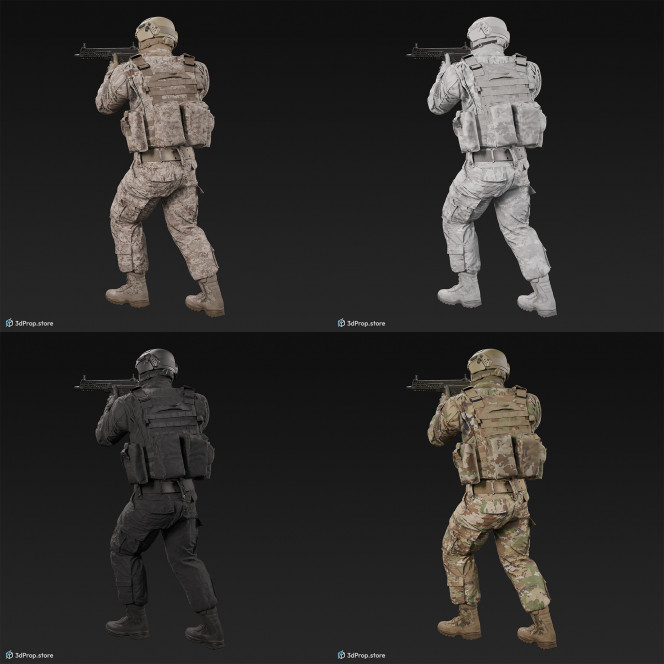 3D model of a standing soldier in an aiming pose, pointing his weapon in front of him, while wearing military uniform with four camouflage pattern variations, from 2020, USA.