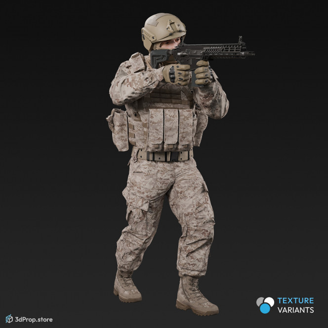 3D model of a standing soldier in an aiming pose, pointing his weapon in front of him, while wearing military uniform with four camouflage pattern variations, from 2020, USA.