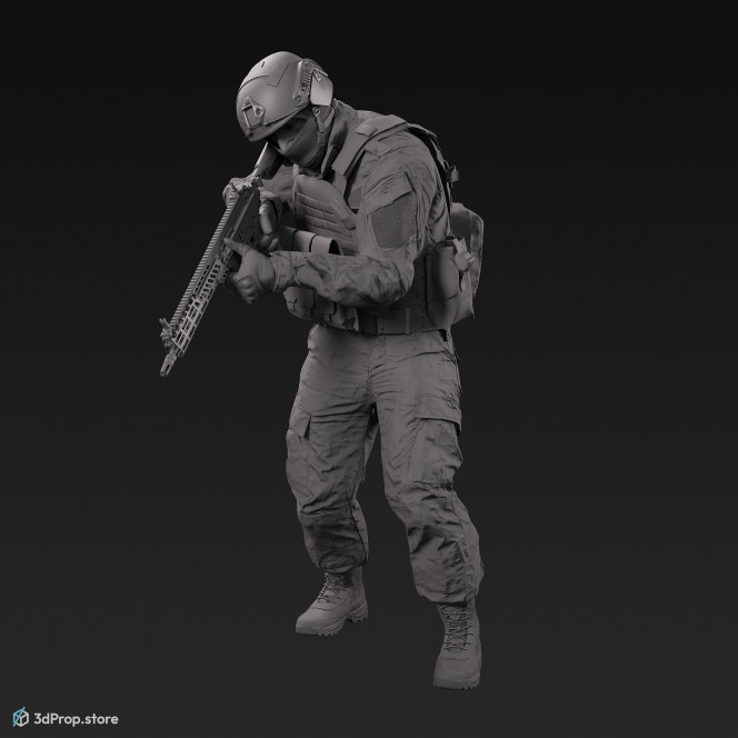 3D model of a standing soldier, aiming with his weapon downwards, while wearing a cap, military trousers, boots and jacket with four camouflage pattern variations, from 2020, USA.