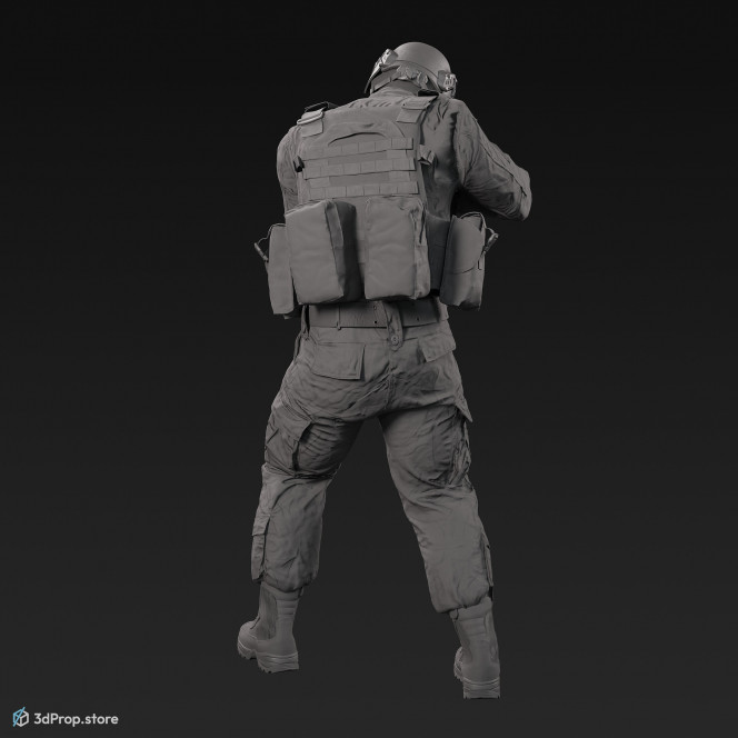 3D model of a standing soldier, aiming with his weapon downwards, while wearing a cap, military trousers, boots and jacket with four camouflage pattern variations, from 2020, USA.