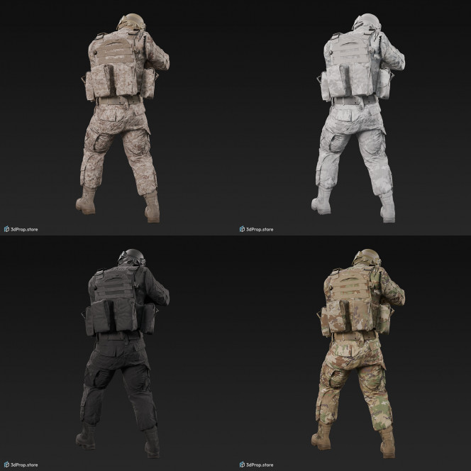 3D model of a standing soldier, aiming with his weapon downwards, while wearing a cap, military trousers, boots and jacket with four camouflage pattern variations, from 2020, USA.