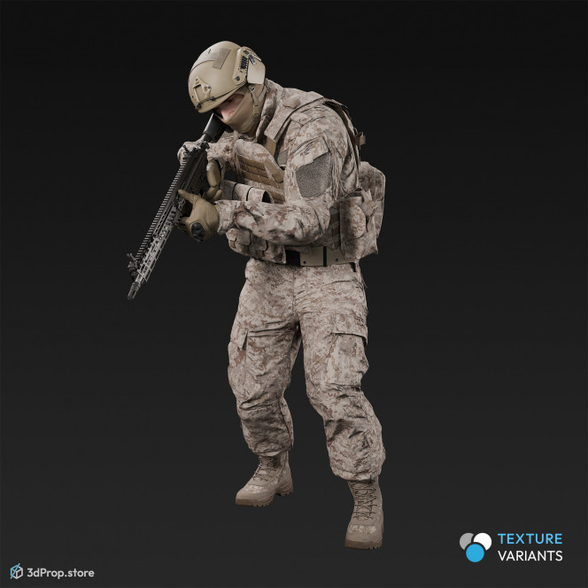 3D model of a standing soldier, aiming with his weapon downwards, while wearing a cap, military trousers, boots and jacket with four camouflage pattern variations, from 2020, USA.