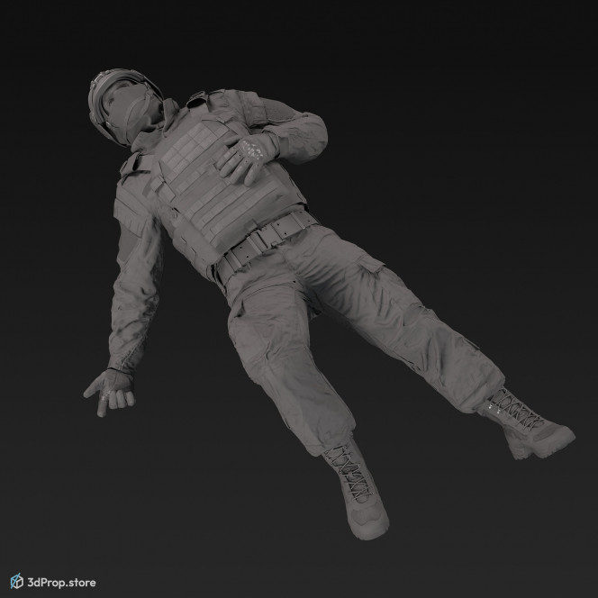 3D model of a wounded soldier about to collapse from a gunshot wound, wearing military uniform with four camouflage pattern variations, from 2020, USA.