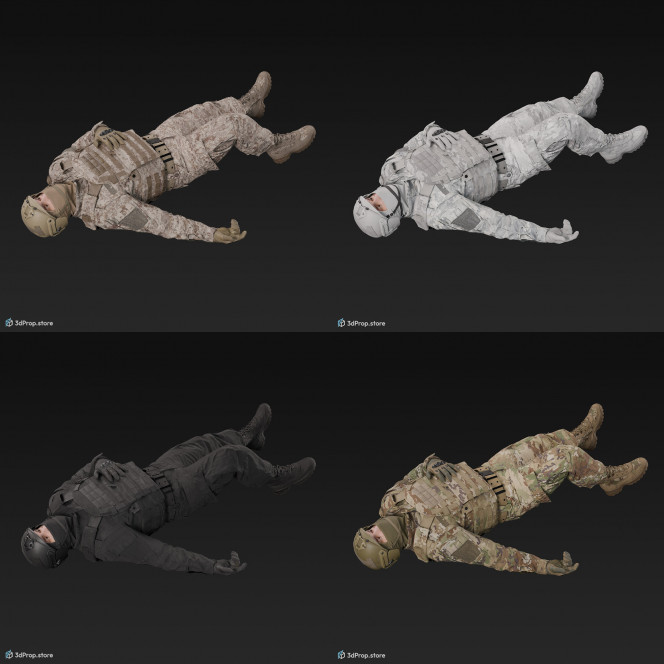 3D model of a wounded soldier about to collapse from a gunshot wound, wearing military uniform with four camouflage pattern variations, from 2020, USA.