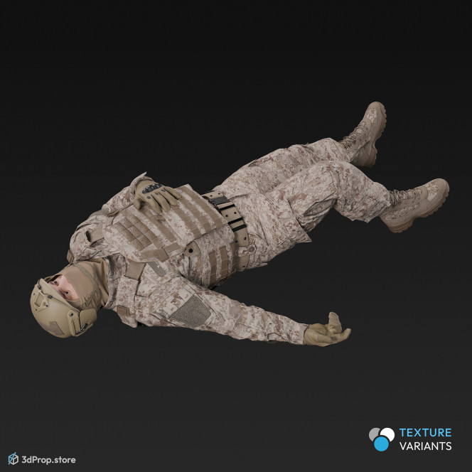 3D model of a wounded soldier about to collapse from a gunshot wound, wearing military uniform with four camouflage pattern variations, from 2020, USA.