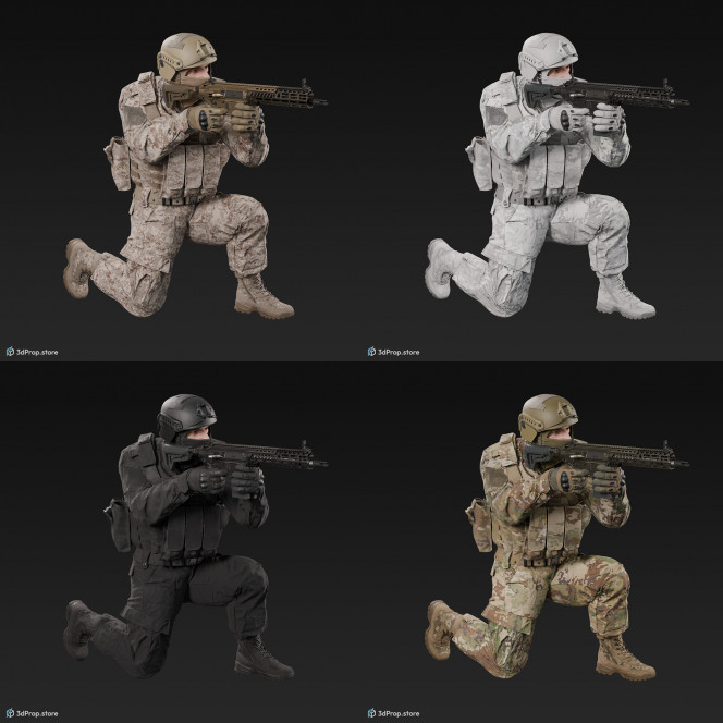 3D model of a kneeling soldier, aiming straight ahead with his weapon.