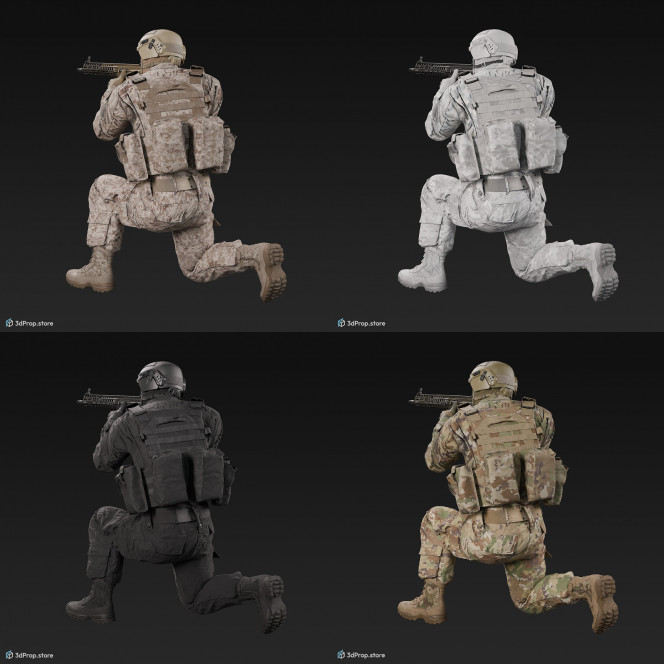 3D model of a kneeling soldier, aiming straight ahead with his weapon.