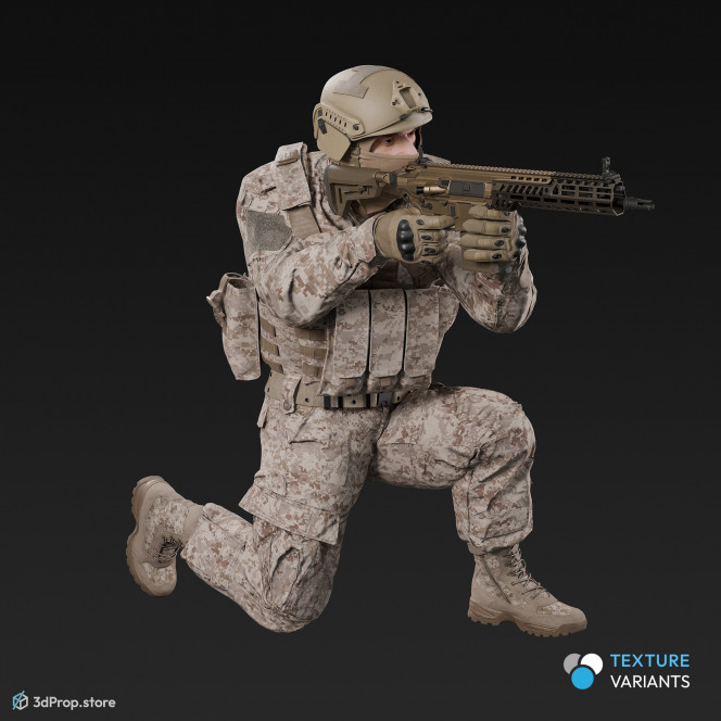 3D model of a kneeling soldier, aiming straight ahead with his weapon.