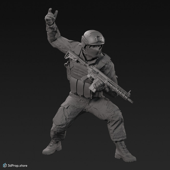 3D model of a crouched US soldier, holding his weapon in one hand and gesturing with the other