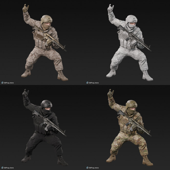 3D model of a crouched US soldier, holding his weapon in one hand and gesturing with the other