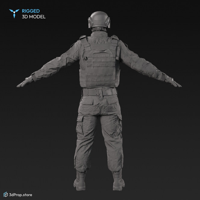 3D scan of a male soldier, in military uniform with four camouflage pattern variations, wearing helmet, combat gloves and tactical vest, standing in an A-pose, from 2020, USA. His uniform made of cotton, polyester, Kevlar and nylon.