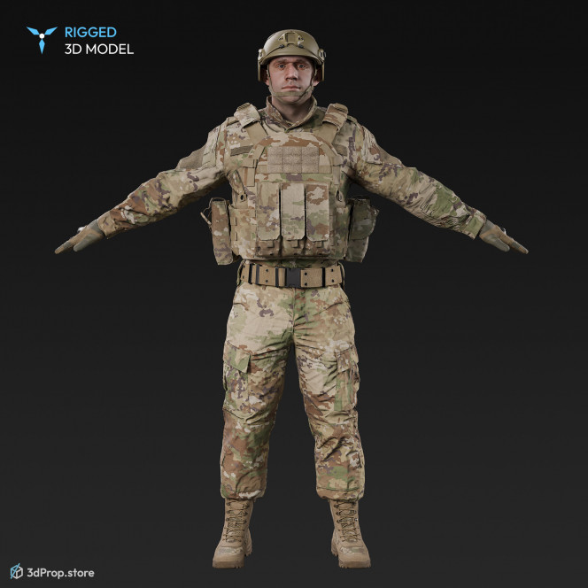 3D scan of a male soldier, in operational camouflage pattern military uniform, wearing helmet, combat gloves and tactical vest, standing in an A-pose, from 2020, USA. His uniform made of cotton, polyester, Kevlar and nylon.