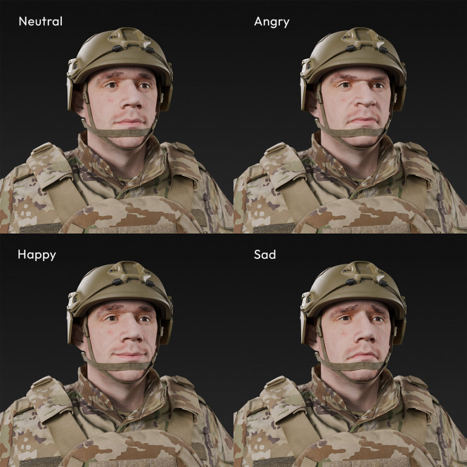 3D scan of a male soldier, in military uniform with four camouflage pattern variations, wearing helmet, combat gloves and tactical vest, standing in an A-pose, from 2020, USA. His uniform made of cotton, polyester, Kevlar and nylon.