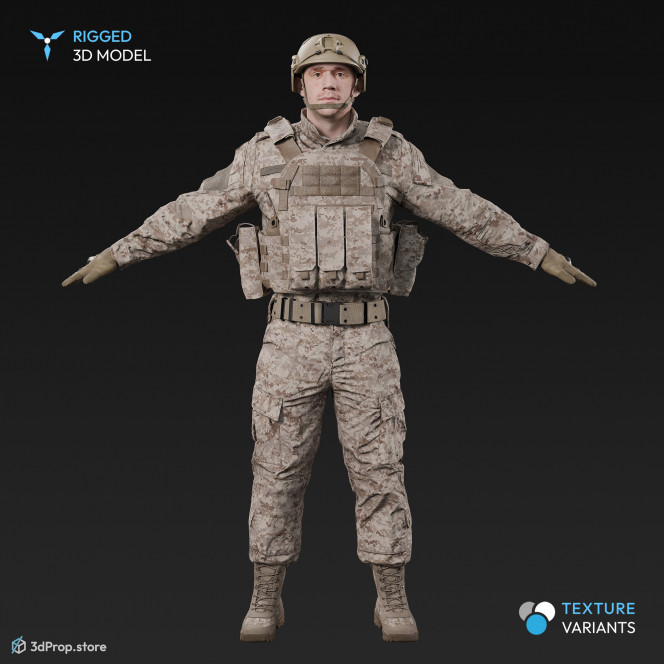 3D scan of a male soldier, in military uniform with four camouflage pattern variations, wearing helmet, combat gloves and tactical vest, standing in an A-pose, from 2020, USA. His uniform made of cotton, polyester, Kevlar and nylon.