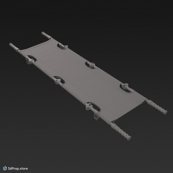 3D model of a deep green colored foldable combat stretcher, made of aluminum alloy, from 2020, USA.