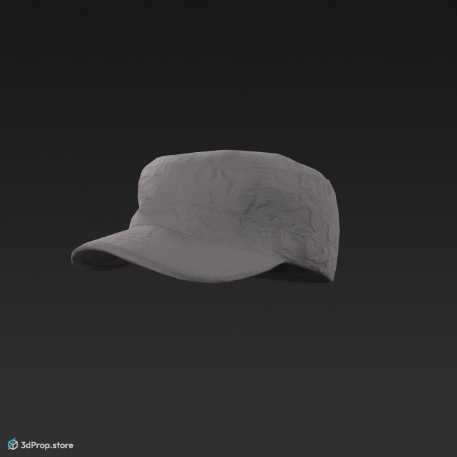 3D scan of a brimmed military cap in four different camouflage patterns, made of cotton, polyester, and nylon, from 2020, USA.