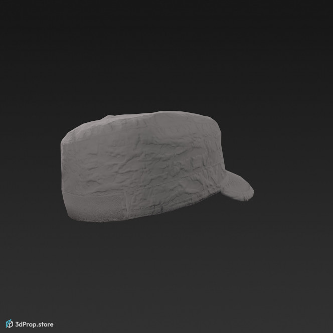 3D scan of a brimmed military cap in four different camouflage patterns, made of cotton, polyester, and nylon, from 2020, USA.