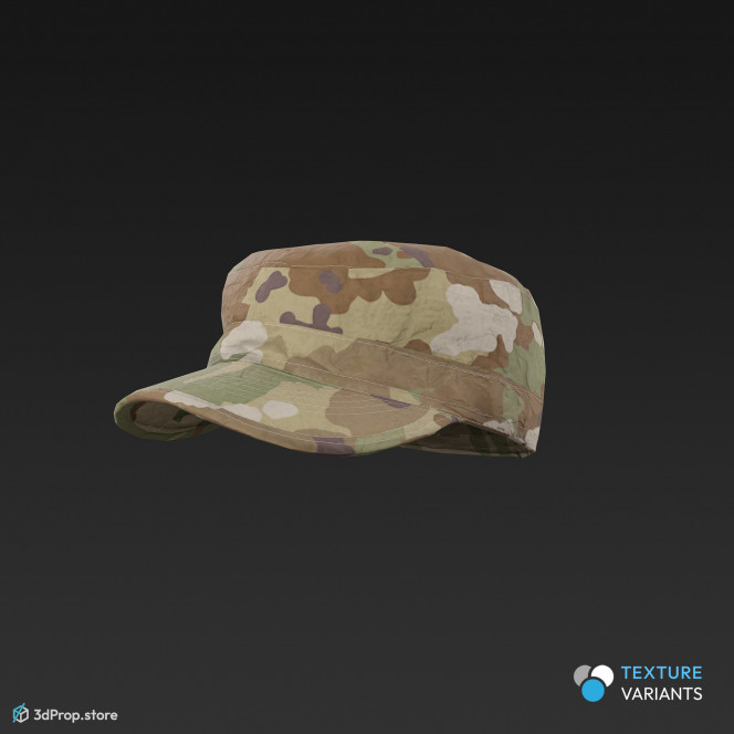 3D scan of a brimmed military cap in four different camouflage patterns, made of cotton, polyester, and nylon, from 2020, USA.