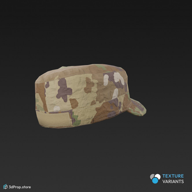 3D scan of a brimmed military cap in four different camouflage patterns, made of cotton, polyester, and nylon, from 2020, USA.