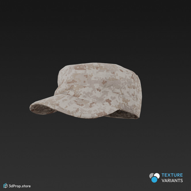 3D scan of a brimmed military cap in four different camouflage patterns, made of cotton, polyester, and nylon, from 2020, USA.